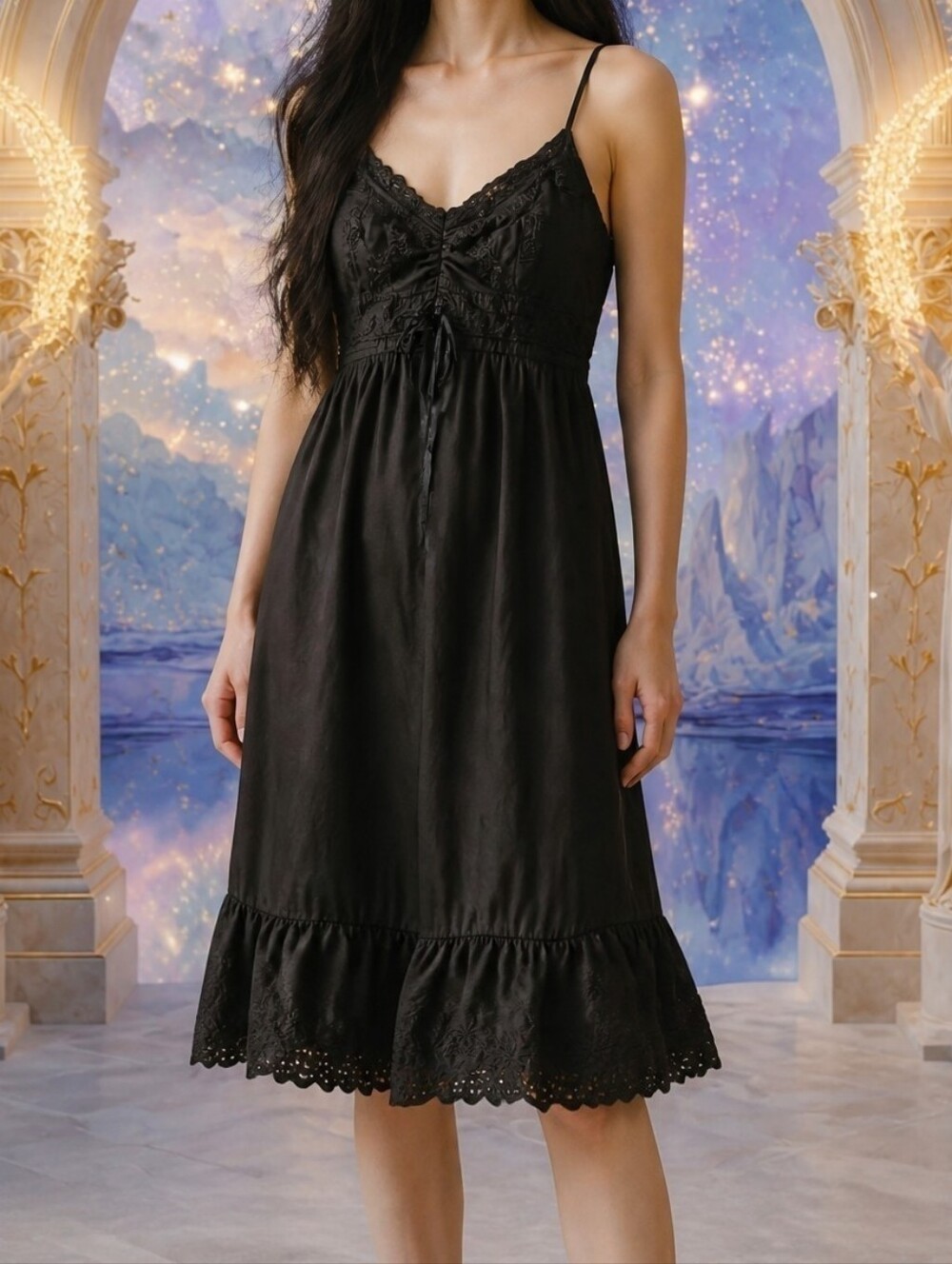 Vintage Y2K 100% Cotton Dynamite Eyelet Detail Black Cottagecore Midi Sundress